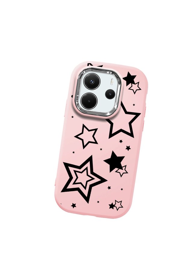Redmi Note 14 4g Compatible Camera Protected Pink Soft Silicone Phone Case Star Patterned