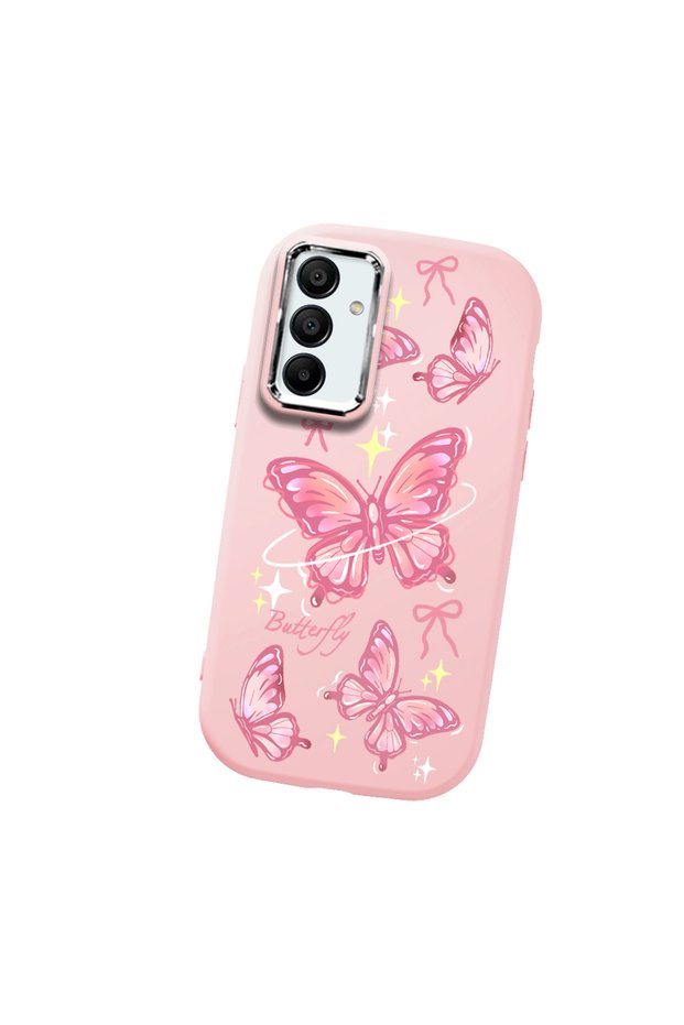 Samsung Galaxy A15 Compatible Camera Protected Pink Soft Silicone Phone Case Butterfly Patterned