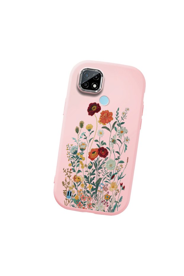 Realme C21 Compatible Camera Protected Pink Soft Silicone Phone Case Floral Print