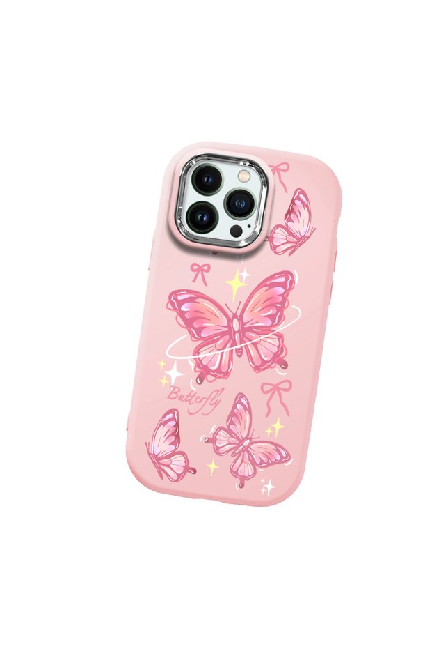 iPhone 14 Pro Max Compatible Camera Protected Pink Soft Silicone Phone Case Butterfly Patterned