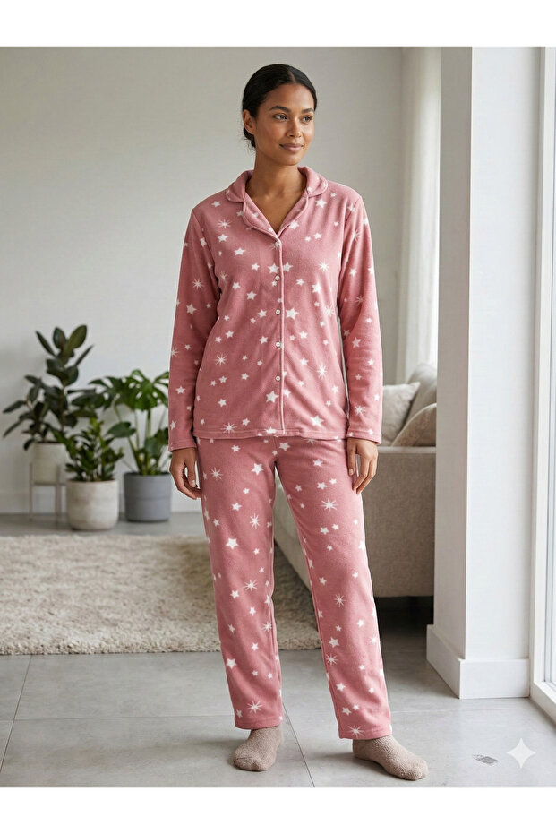 Women's Front Buttoned Long Sleeve Fleece Plush Winter Warm Pajamas Set