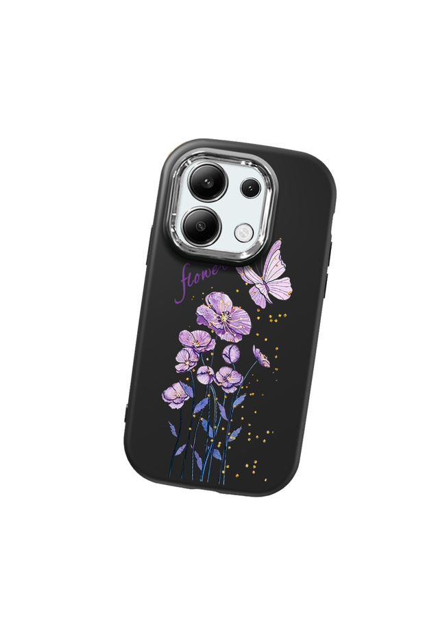 Redmi Note 13 4g Compatible Camera Protected Black Soft Silicone Phone Case Butterfly Flower
