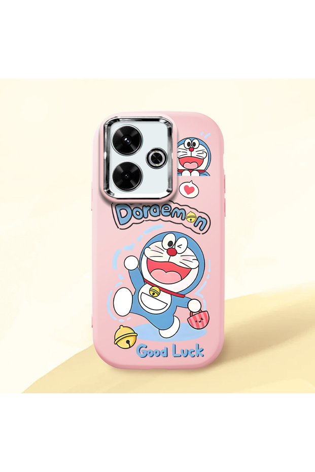 Pink Soft Silicone Phone Doraemon Patterned with Camera Protection Compatible with Poco M6