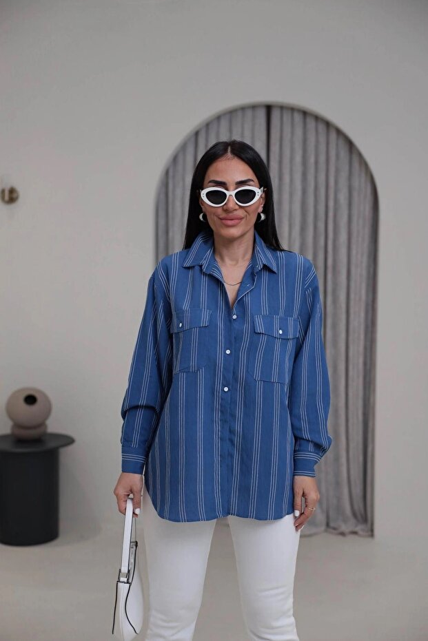 Levure Long Sleeve Slim C Striped Double C Pocketed Oversize Shirt