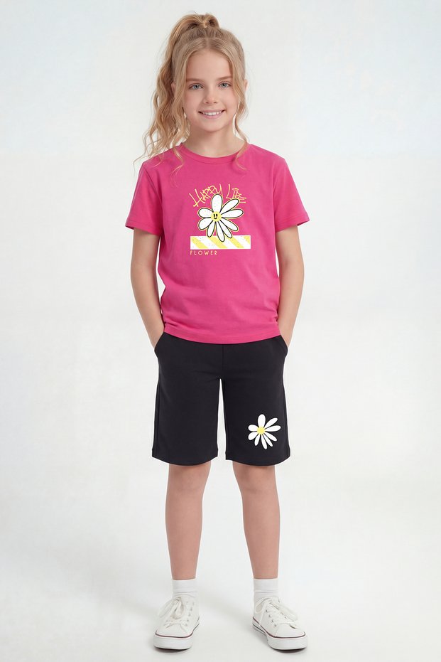 Round Neck T-Shirt and Capri Pants Set with Print Detail for Girls