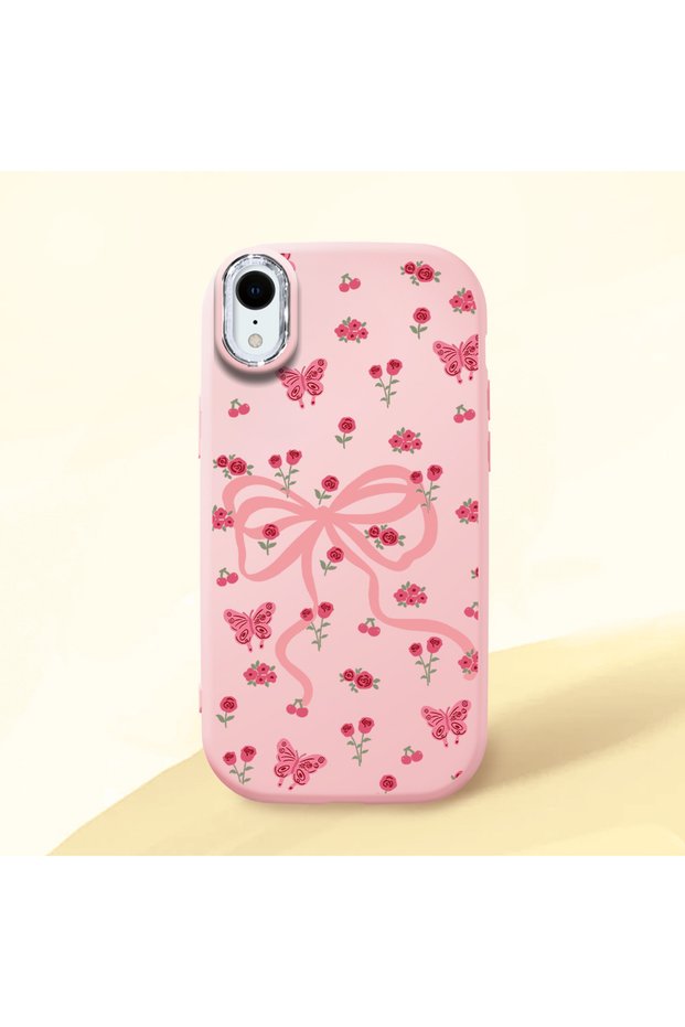 Pink Soft Silicone Phone Bow with Camera Protection Compatible with iPhone Xr Patterned