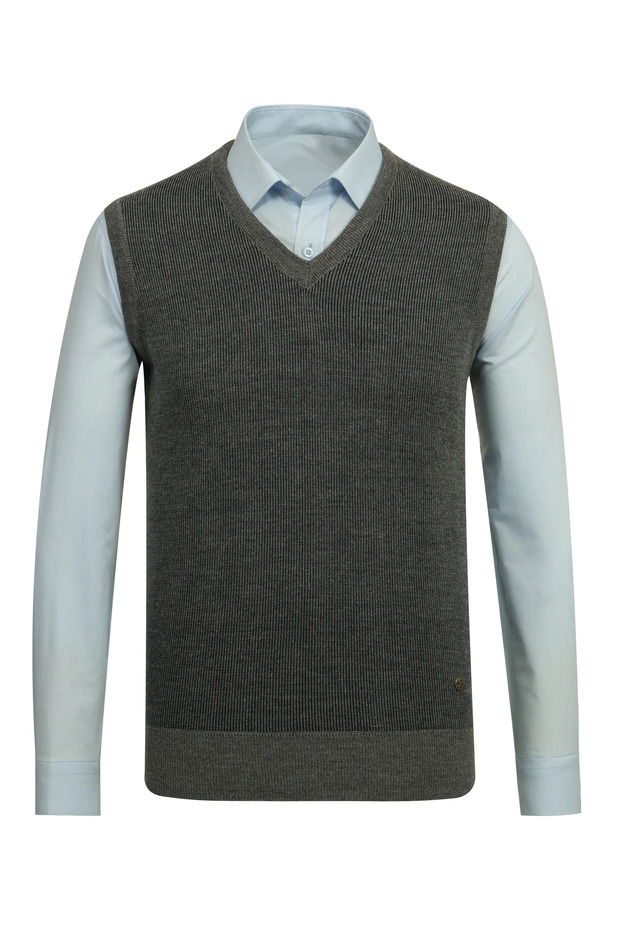 Men's V-Neck Knitwear Dark Gray Sweater Patterned Colors Winter Steel Knit Classic Pattern - 5015H