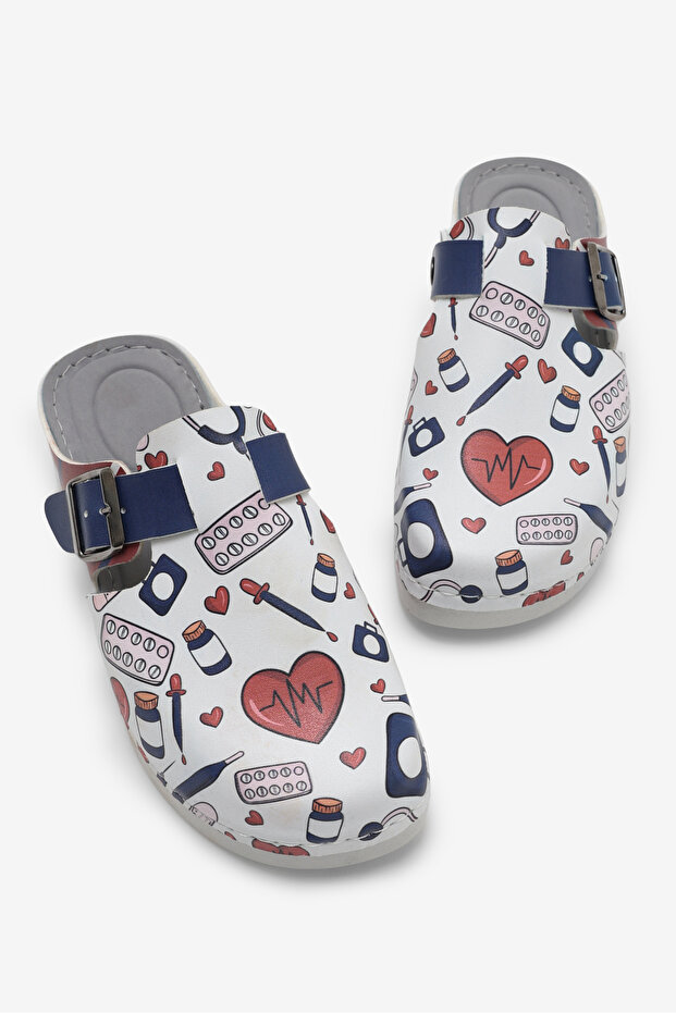 Women's White Comfortable Fit Printed Buckled Slipper
