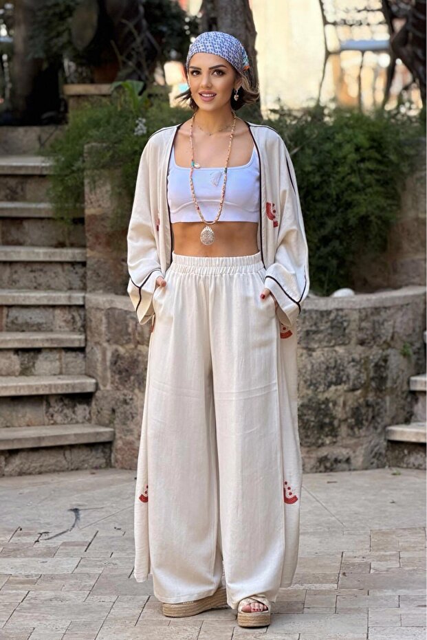 Cream Color Orange Embroidered Linen Kimono Pants Set
