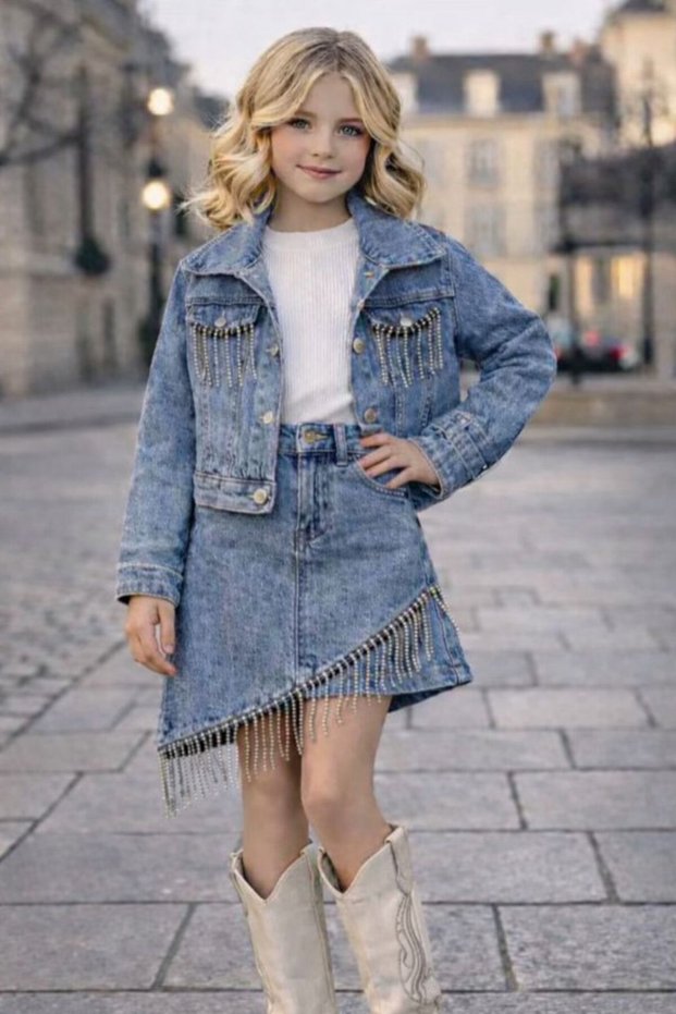 Girls' Clothing Denim Shirt Denim Shorts T-Shirt Bluz Combination