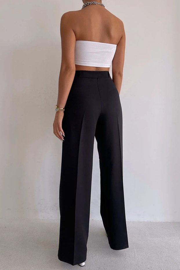 Rolly Black Pleated High Waist Women's Fabric Trousers