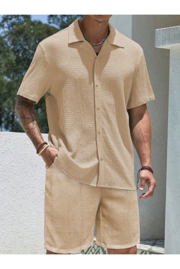 Unisex Women/Men Short Sleeve Wrinkled Fabric Special Design Top and Shorts - Short Sleeve Shirt Set