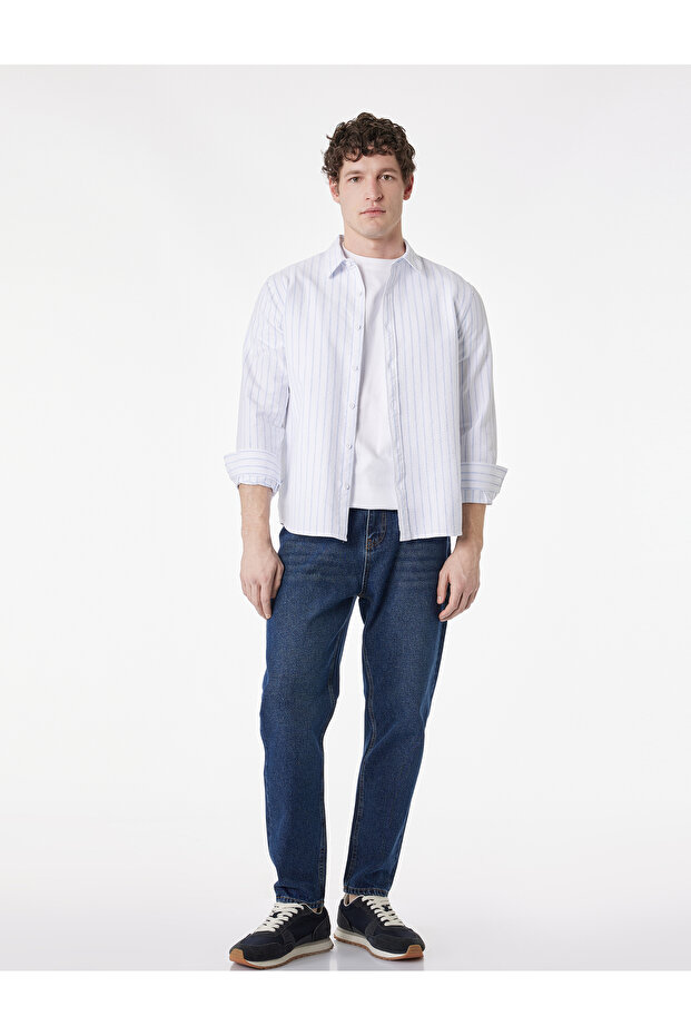 Blue Regular Fit Spread Collar Long Sleeve Cotton Shirt