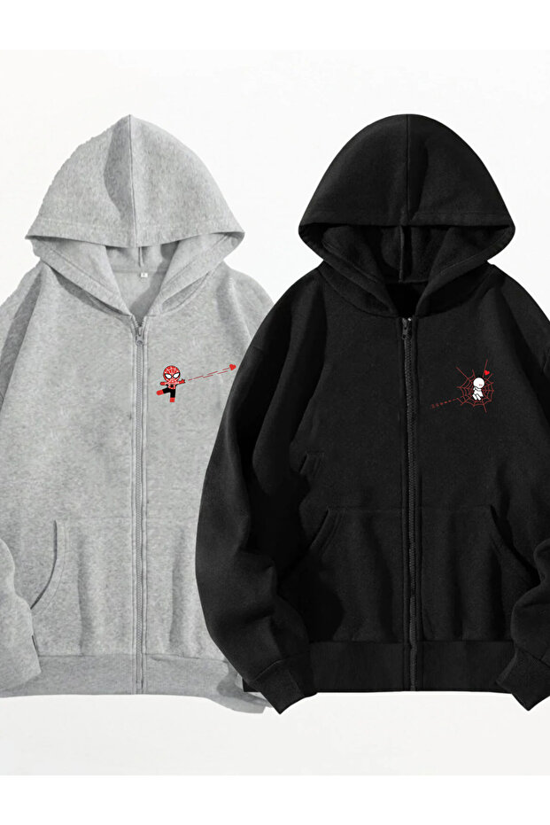 Spider Mix Printed 2-Piece Combination Zippered Black Gray O Oversized C Pocketed Loose Cut K Hooded Cardigan