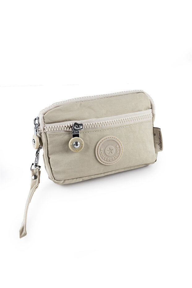 Krinkıl/Klinkır Waterproof Fabric 3 Zipper Wrist Strap Mobile Phone Carrying Bag Wallet Bag Cream 515-B