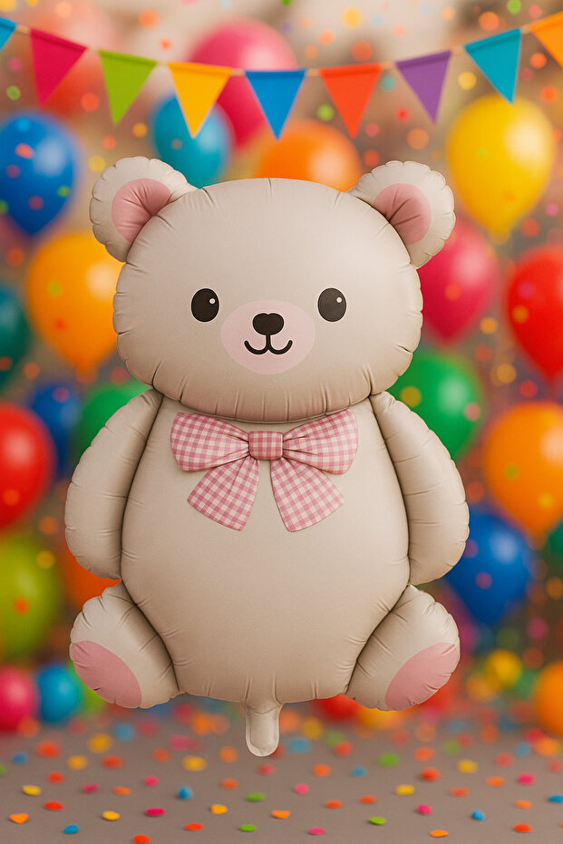 Teddy Cream Foil Balloon with Pink Bow Tie 90 cm