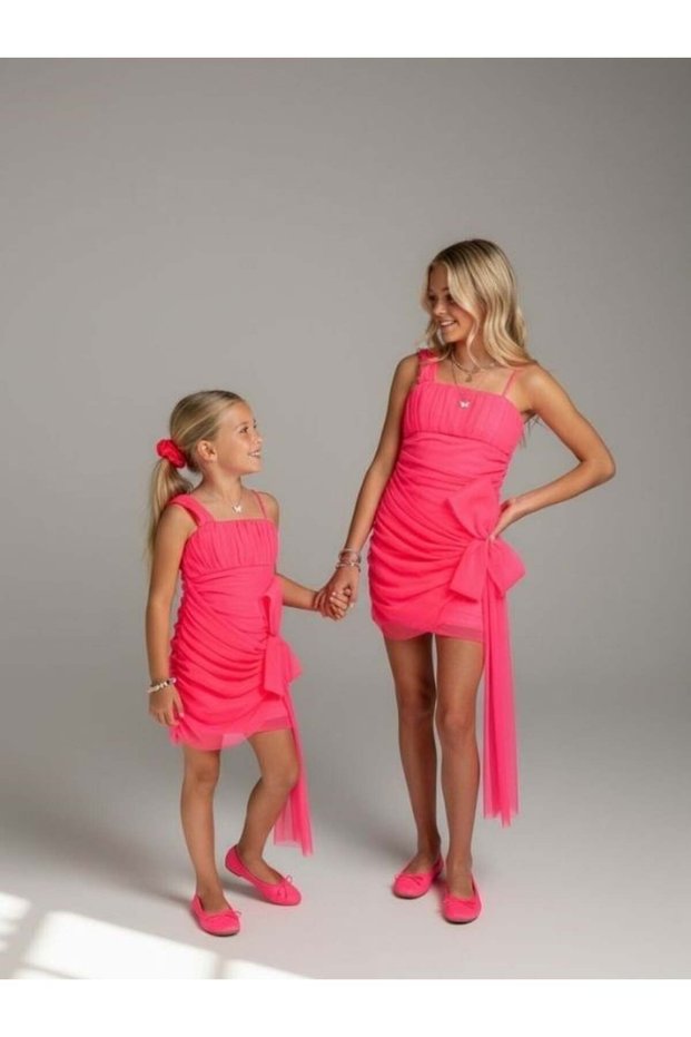 Girl's Strappy Short Bow Detail Design Evening Dress