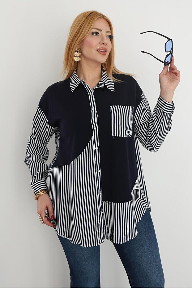 Plus Size Striped Button down Shirt - 7