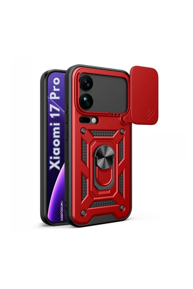 Xiaomi 17 Pro Compatible Tank Case - Extra Protection Armored Outdoor Cover with Ring Stand - Red