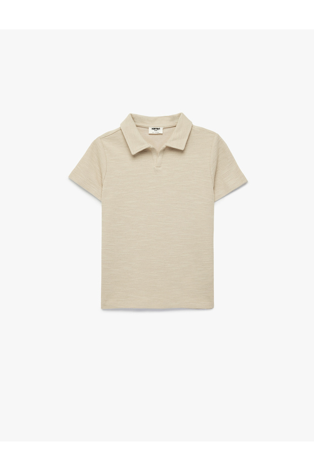 Beige Cotton Short Sleeve Polo Neck T-Shirt