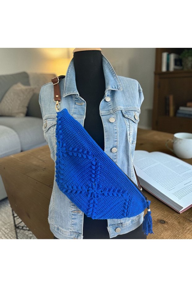 Hand Knitted Women's Shoulder Bag – Bohemian Crochet Handmade Item Crisscross Straps Bag 45X18 cm