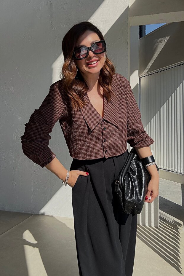 بلوزة بنية نقشة مربعات جنهام لي - 1