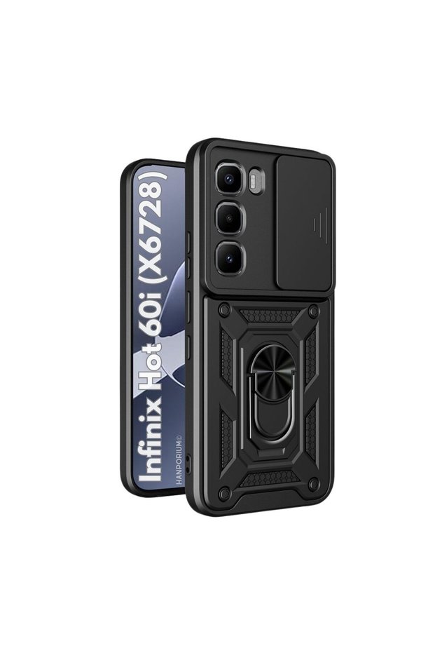 Infinix hot 60i compatible tank case - ring stand extra protection armored outdoor cover - black