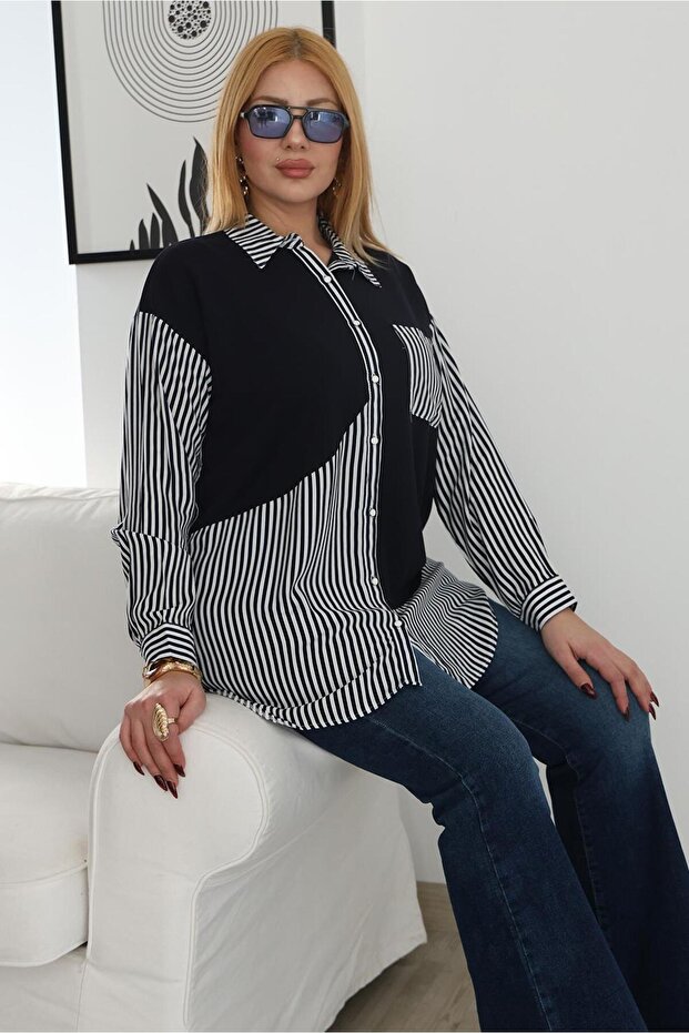 Plus Size Striped Button down Shirt - 5