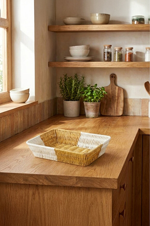 Wicker Knitted Rectangular Bread Basket White Brown Kitchen Organizer - 1