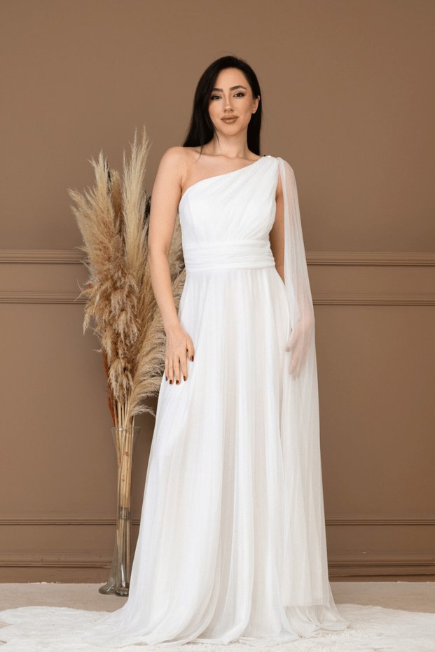Glittery Tulle Pleated Detailed Long Evening Dress - White