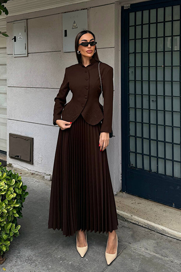 Coffee Embroidery Detailed Jacket Pleated Skirt Women's Suit