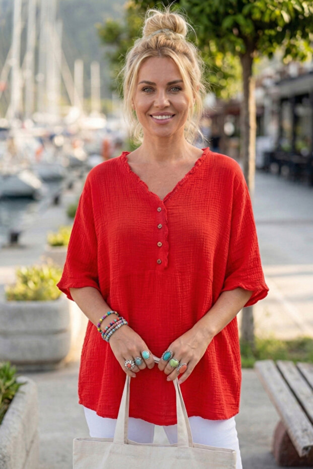 Red V-Neck Short Sleeve Buttoned Collar and Cuff Ruffles Casual Muslin Oversized Woven Blouse 77 70
