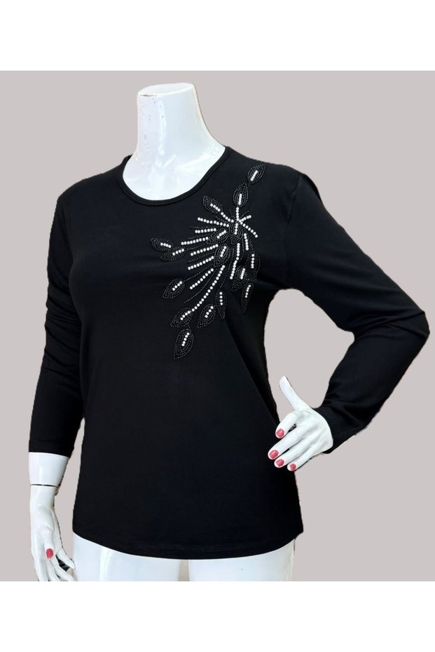 Stone Embroidered Clover Fabric Long Sleeve Luxury Mom Blouse