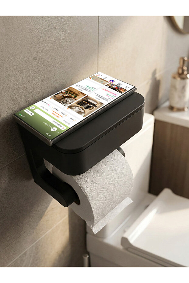Toilet Paper Holder with Hidden Compartment – Wall-Mounted Bathroom Organizer with Phone Shelf