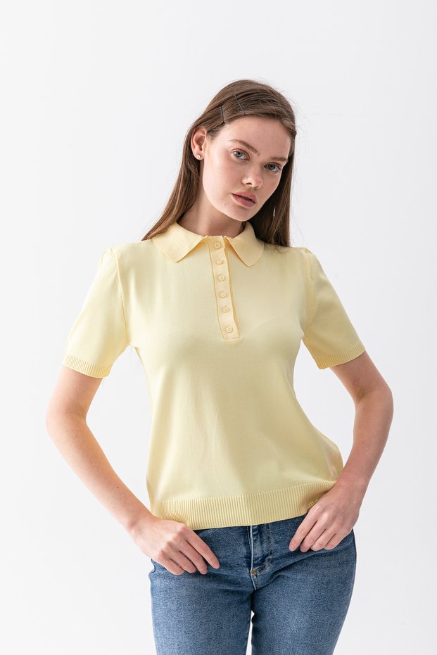 Polo Collar Short Sleeve Women's Knitwear T-Shirt - Buttoned Slim Knitted Casual Stylish Women's T-Shirt - T-Shirt