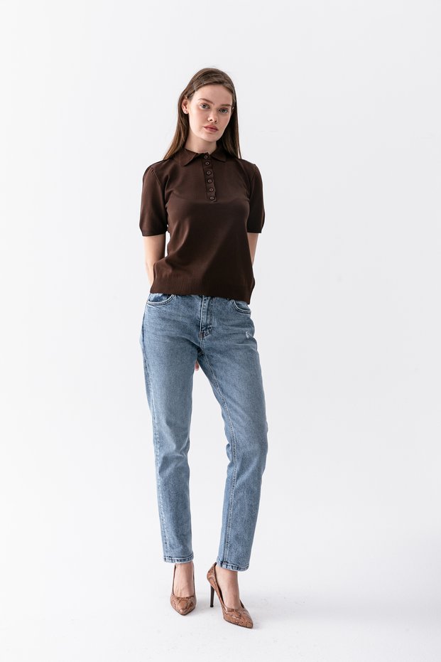 Polo Collar Short Sleeve Women's Knitwear T-Shirt - Buttoned Slim Knitted Casual Stylish Women's T-Shirt - T-Shirt