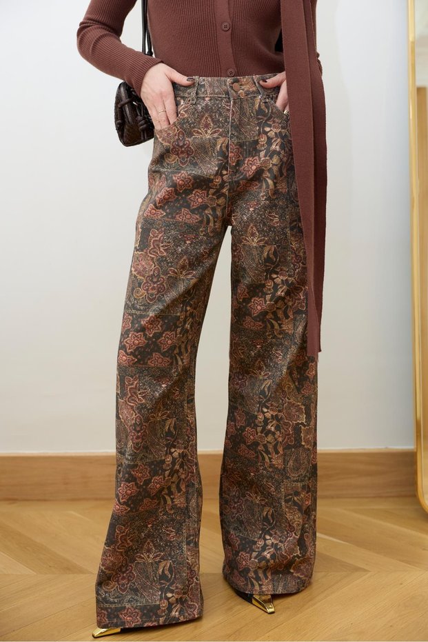 Brown Ethnic Patterned High Waist Women's Loose Fit Trousers