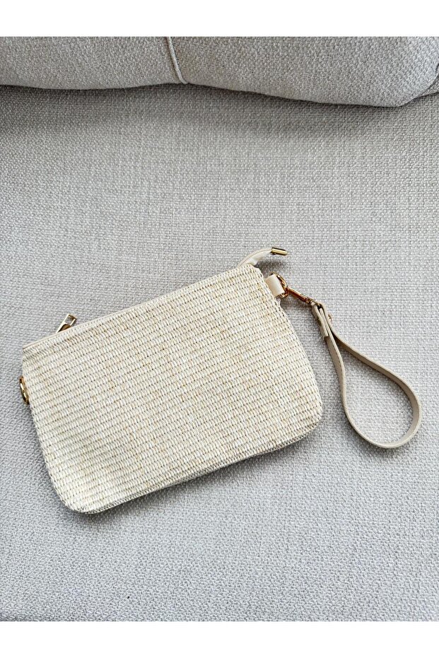 Beige Wicker Look Zipper Bag Clutch Bag 25X17Cm