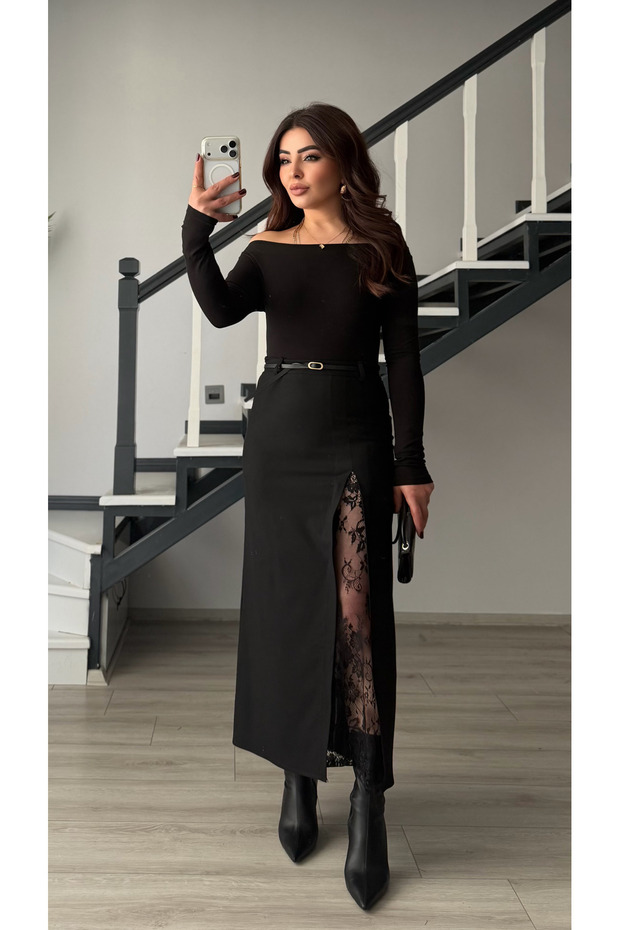 Black Lace Slit Midi Skirt