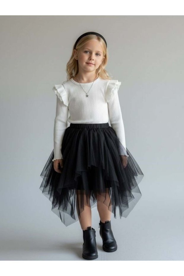Girl's Cotton Piece Shoulder Blouse Ruffle Detail Basic Corded Fabric Blouse