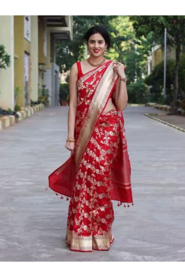 Red Banarasi silk Blouse Saree - MAF3070 | Red