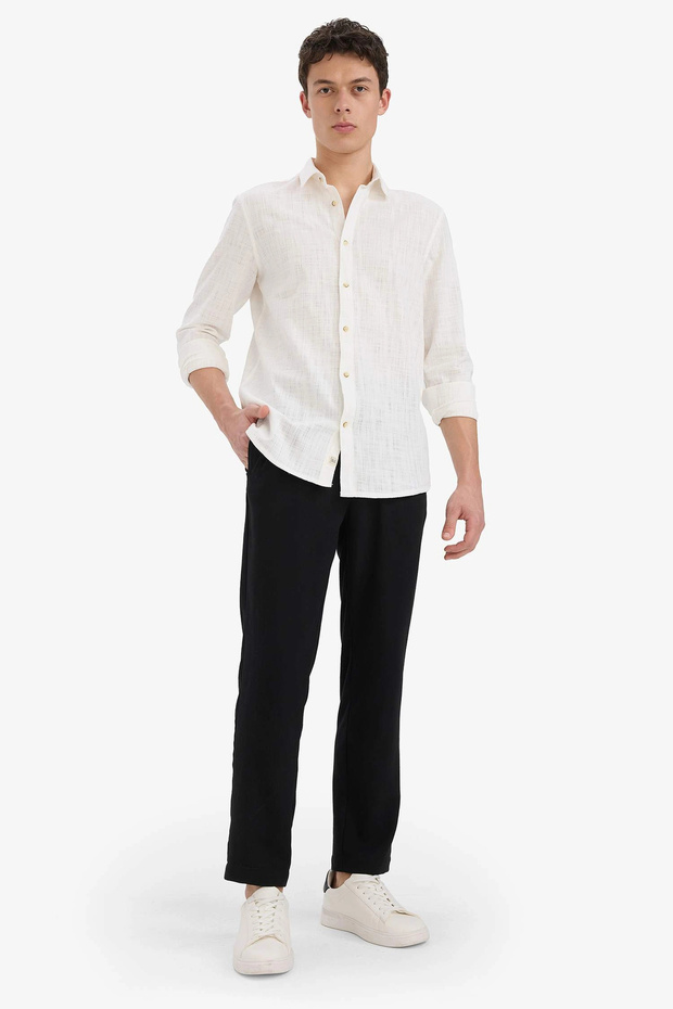 E4790Axbk27 Black Relax Fit Short Leg Linen Look Drawstring Waist Elastic Pocketed Trousers