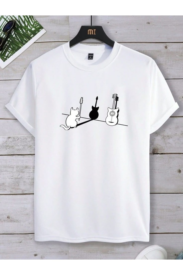 Cat Guitar Printed White Oversized Unisex T-Shirt Basic Comfortable Fit Casual Tshirt