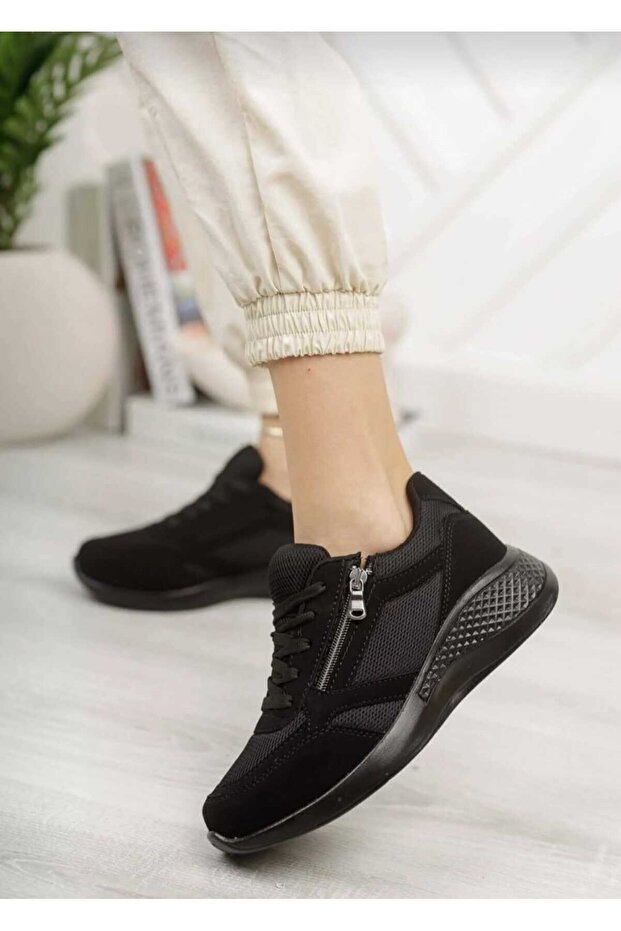 Black Full Orthopedic Side Zippered and Laced Walking Daily Women's Sports Shoes