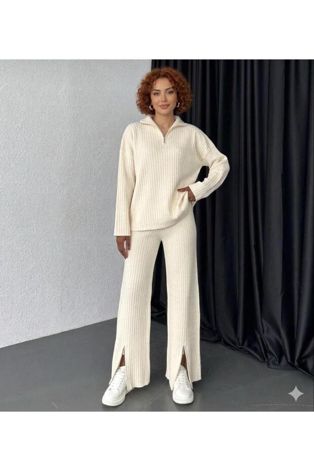 Women's Black Zip Detail Corded Fabric Half Turtleneck Top and Bottom Set, Compatible with Sizes 36-40