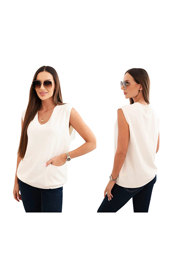 Pulover fără mâneci din viscoză pentru femei, cu buzunare și decolteu în V, ecru - 1