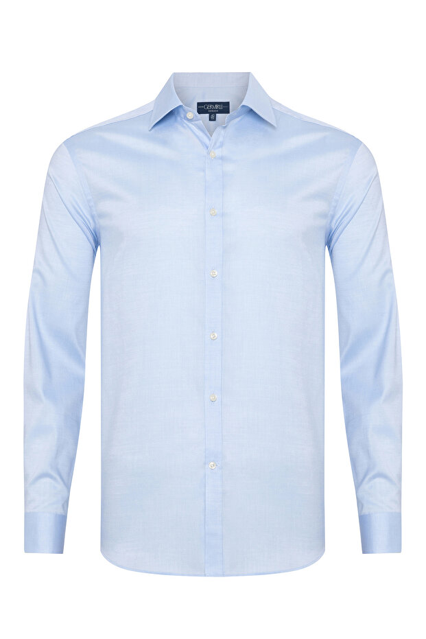 Albini Blue Exclusive Piumino Piquet 100 Classic Collar Tailor Fit Cotton Shirt