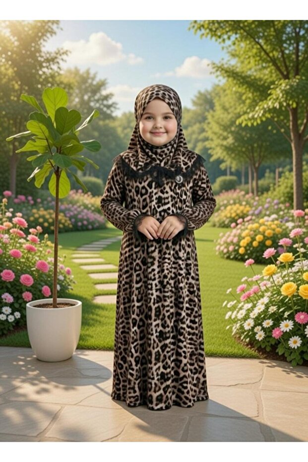 Leopard Printed Li Cotton U Lace Li Prayer and Umrah Robe (Ages 7-10)