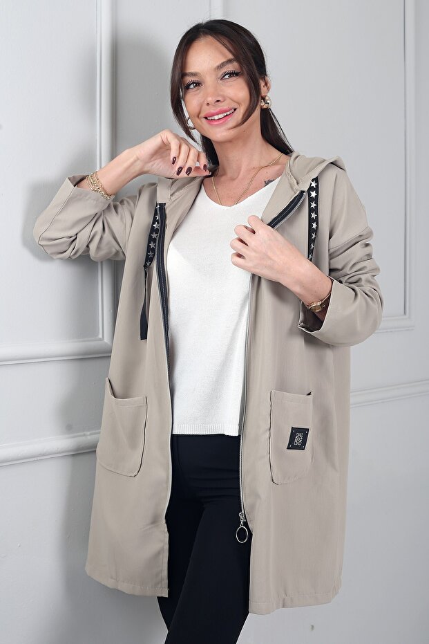 Women's Hooded Bag Pocketed Leather Zippered Cardigan with Accessories
