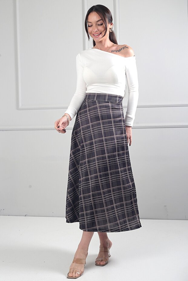 Women's Elastic Waist Plaid Viscose Satin Stretch Fabric Long Skirt